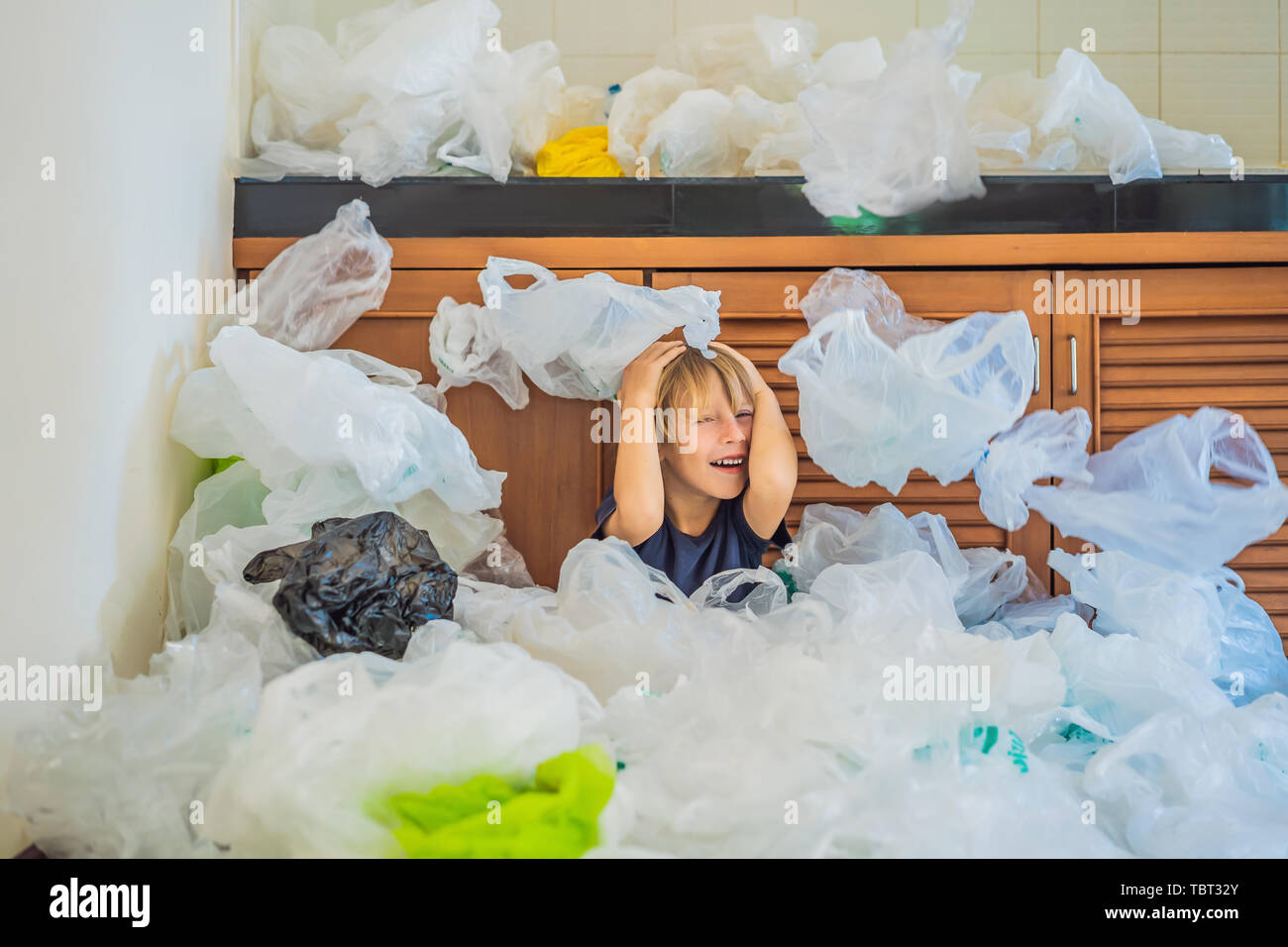 The boy's parents used too many plastic bags that they filled up the