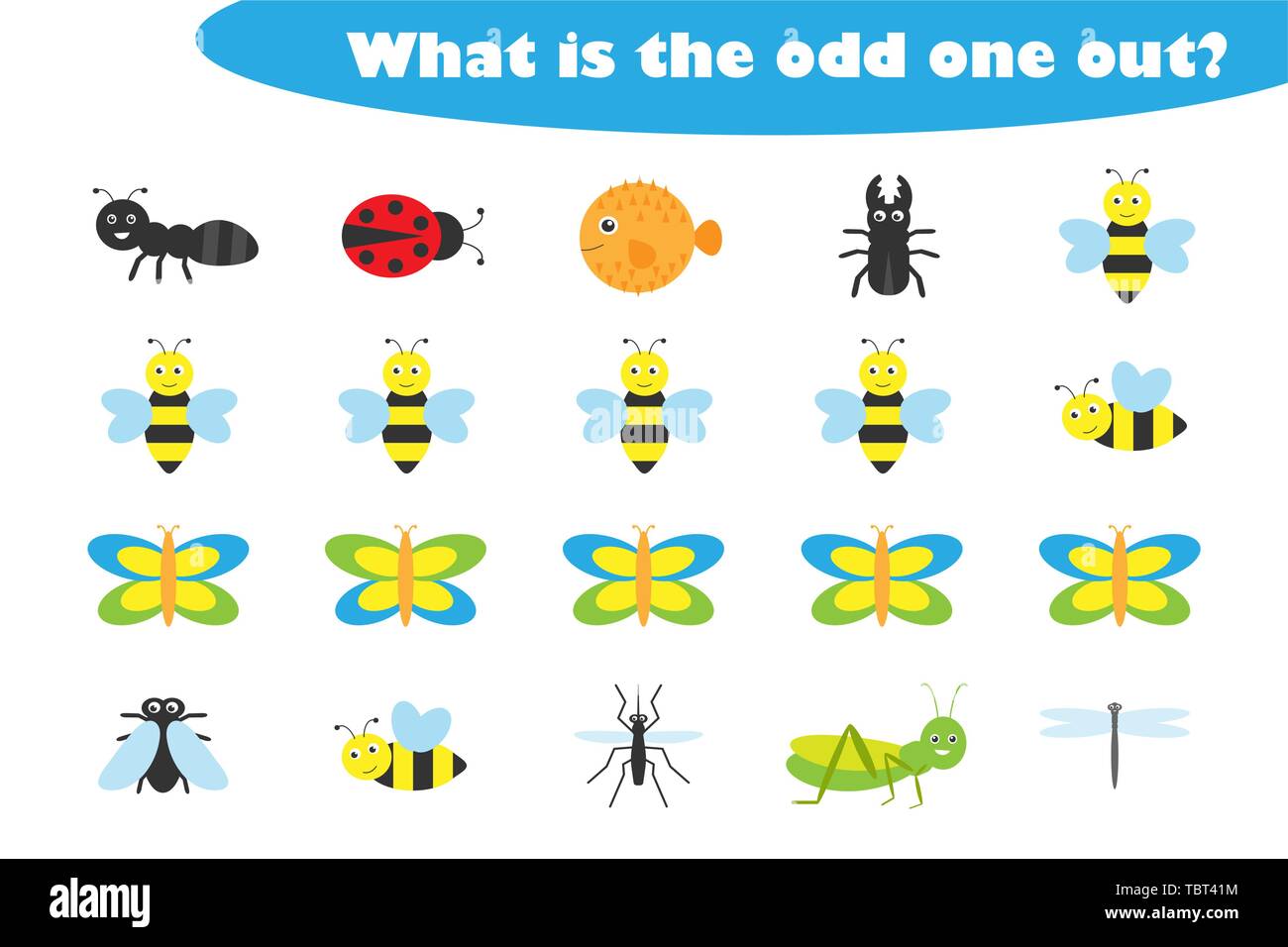 What is the odd one out for children, insects theme in cartoon style, fun  education game for kids, preschool worksheet activity, task for the  developm Stock Vector Image & Art - Alamy