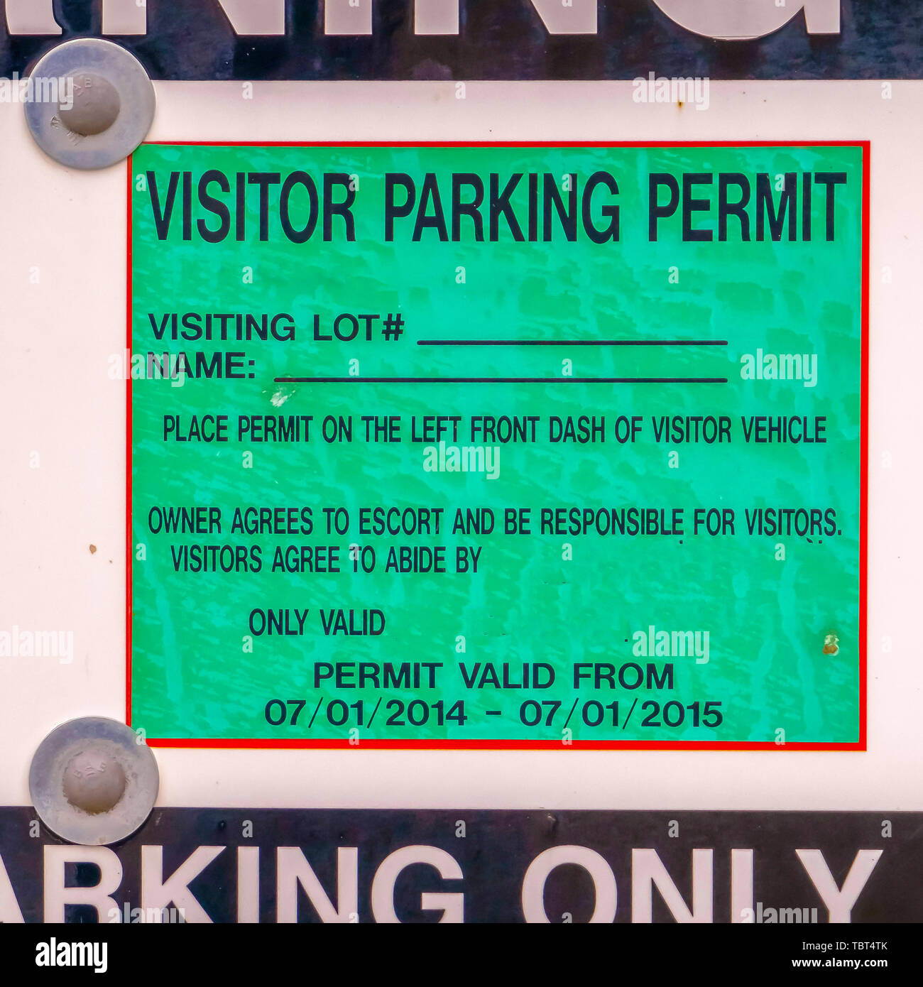 Square Close up view of a Warning Permit Parking Only sign board Stock