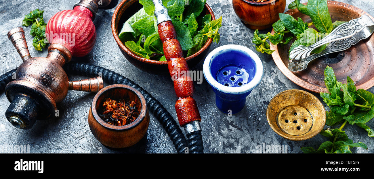 East smoking hookah with mint flavor.Shisha mint tobacco.Shisha hookah
