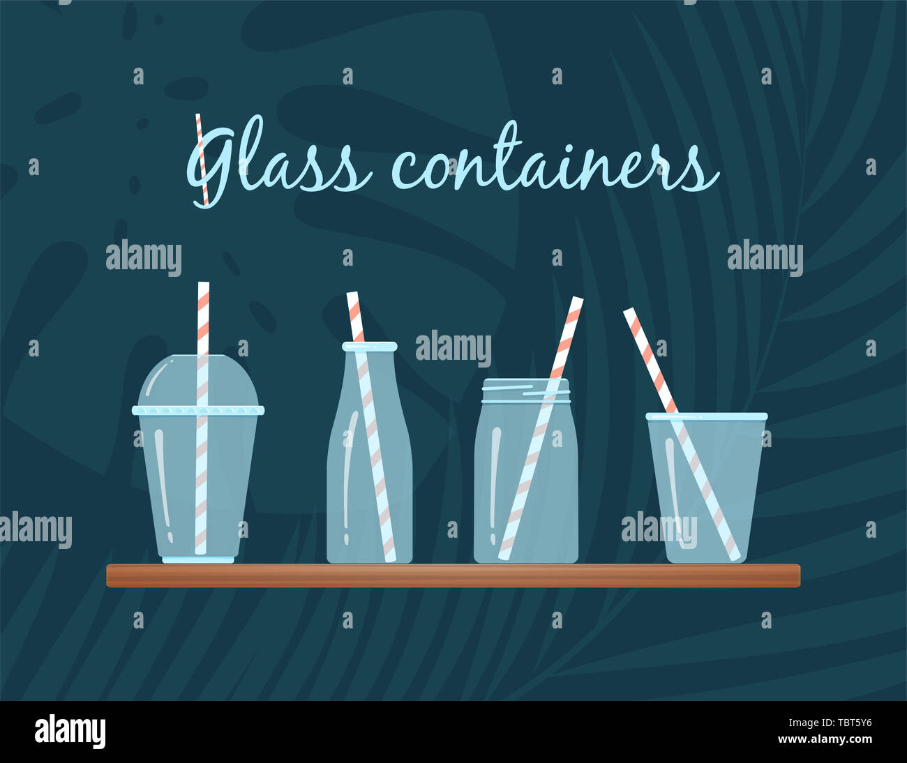 Drinking glasses collection with straw illustration. glass containers
