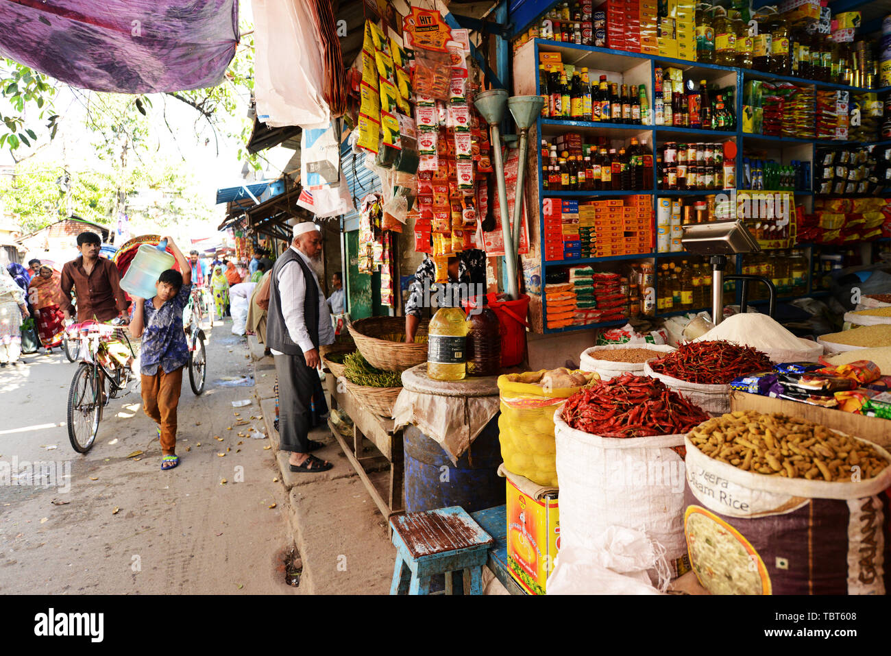 Vibrant markets inside the Geneva refugee camp in Dhaka, Bangladesh. Stock Photo
