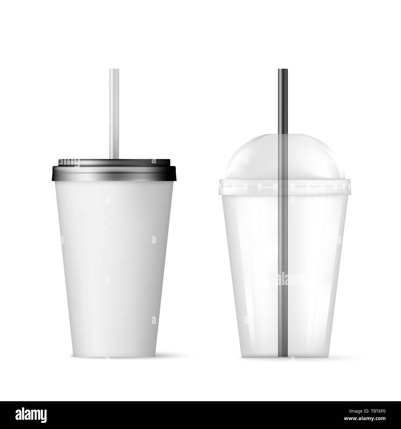 Plastic transparent disposable cup with black straw for cocktail and disposable container with black lid for ice drink. Vector illustration isolated o Stock Vector