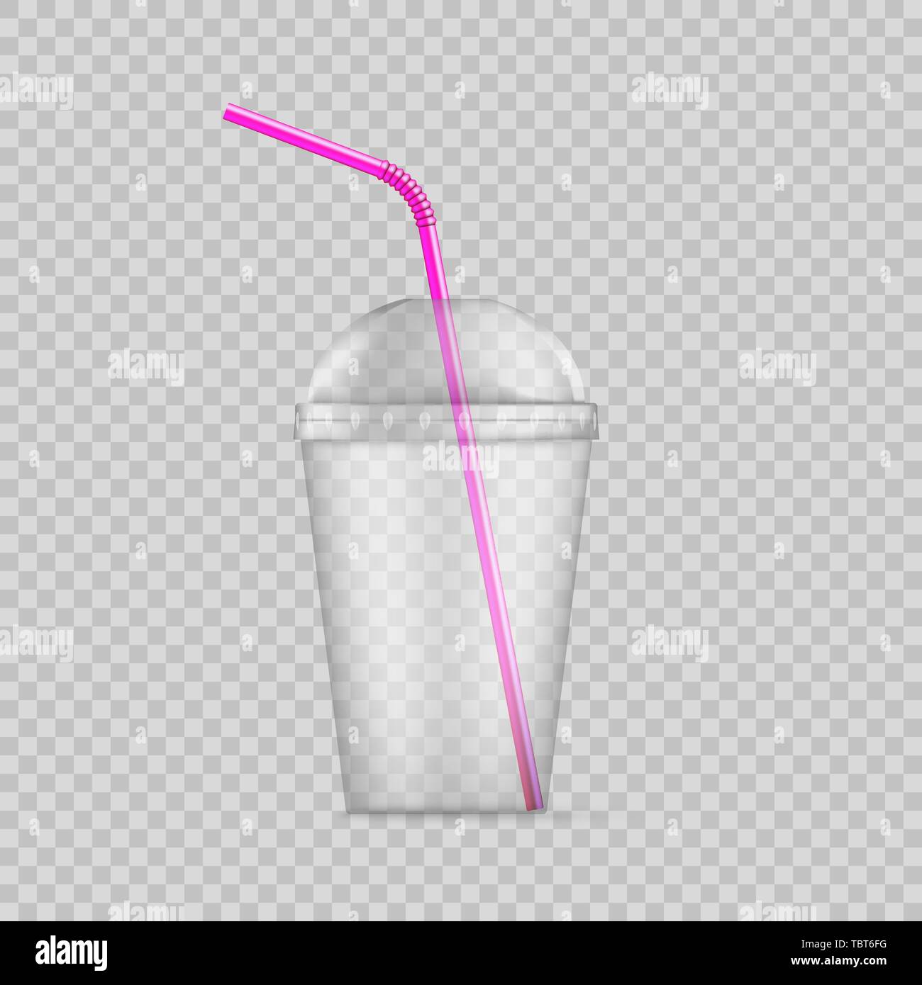 Transparent plastic disposable cup with straw. Disposable container for drink. Vector illustration isolated on transparent background Stock Vector