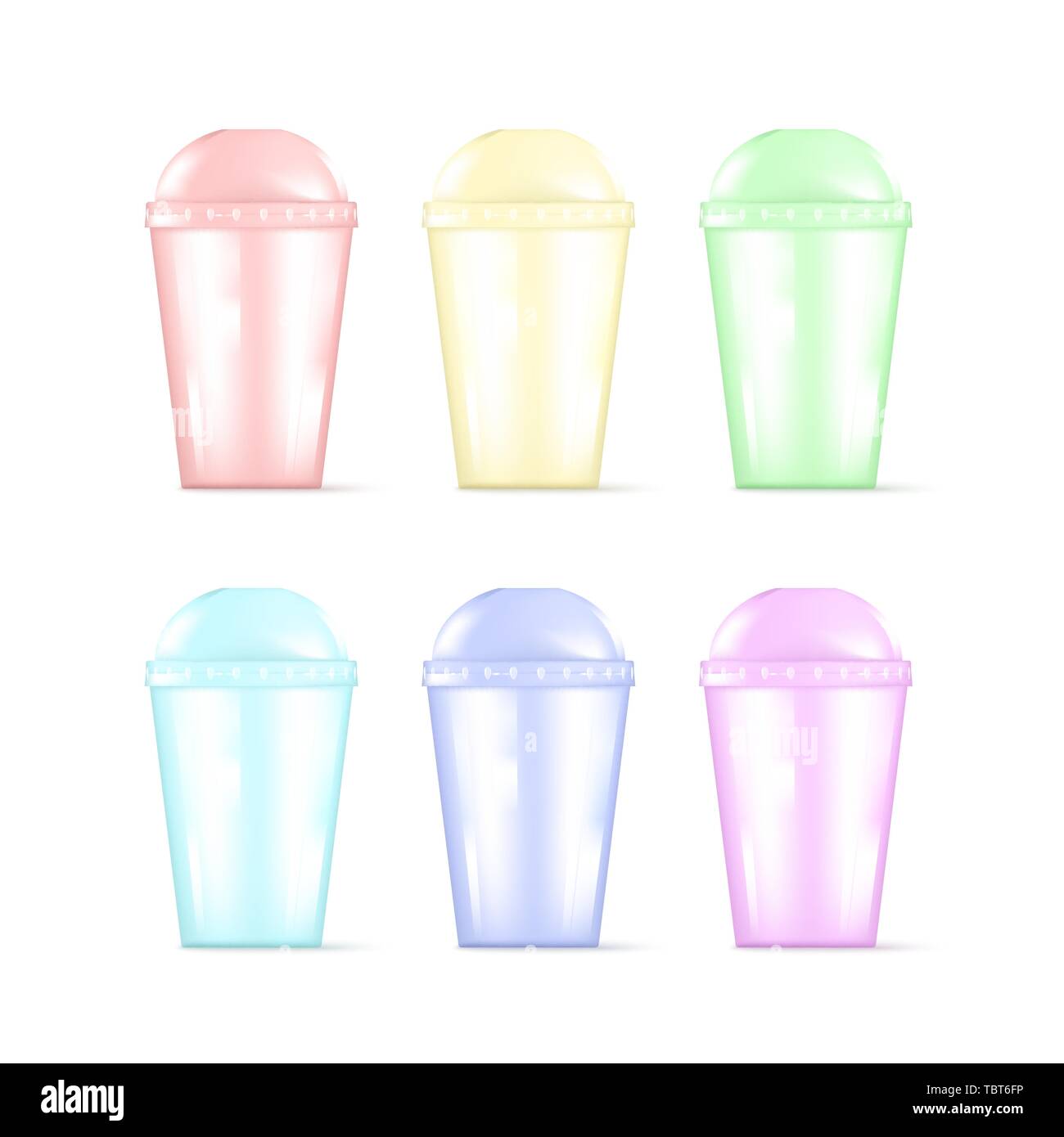 Transparent colorful plastic empty disposable cup for soda or cocktail. Party disposable tableware set. Vector illustration isolated on white backgrou Stock Vector