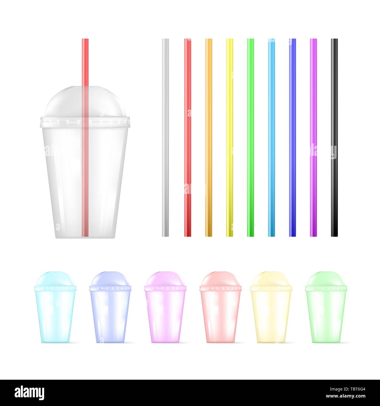 Set of colorful plastic empty disposable cup and colorful straws. Vector illustration isolated on white background Stock Vector