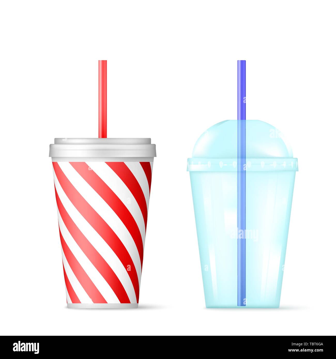 Plastic transparent disposable cup with blue straw for cocktail and red disposable container for ice drink. Vector illustration isolated on white back Stock Vector