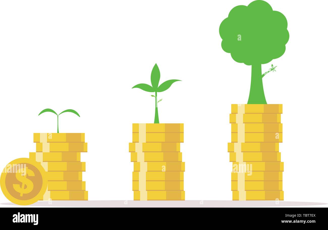 .Business growth concept.Investing money like tree grow.Growing money and trees.Plant Growing Savings Coins.Vector illstration Stock Vector