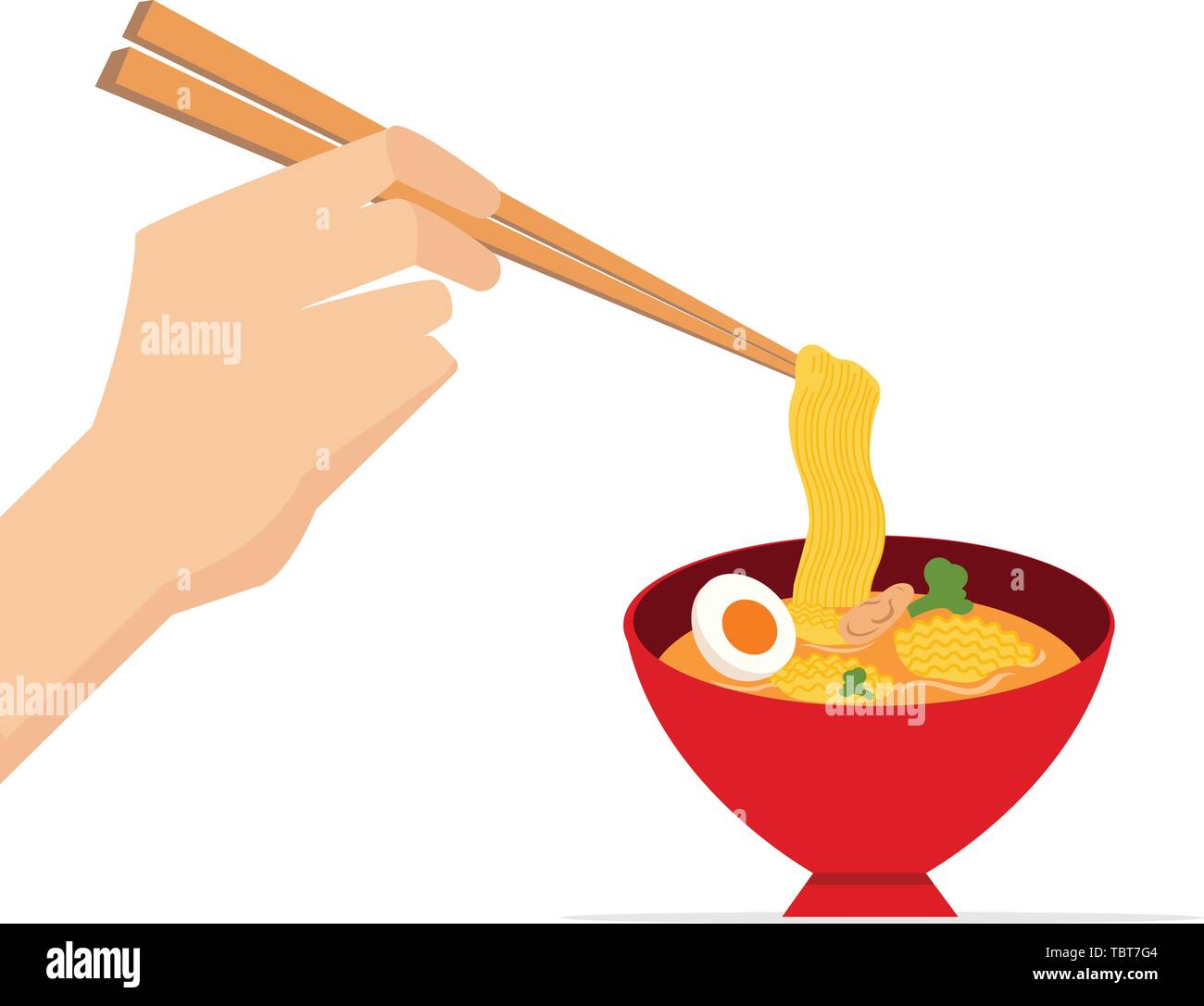 Hand hold chopsticks with delicious noodle in red bowl.Vector