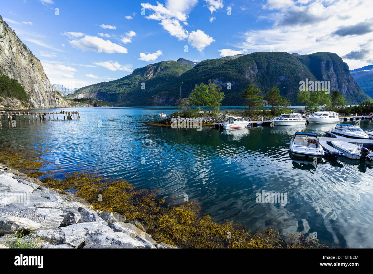 Small picturesque port of Valldal, a village on Norddalsfjorden, Sunnmore, More og Romsdal, Norway Stock Photo