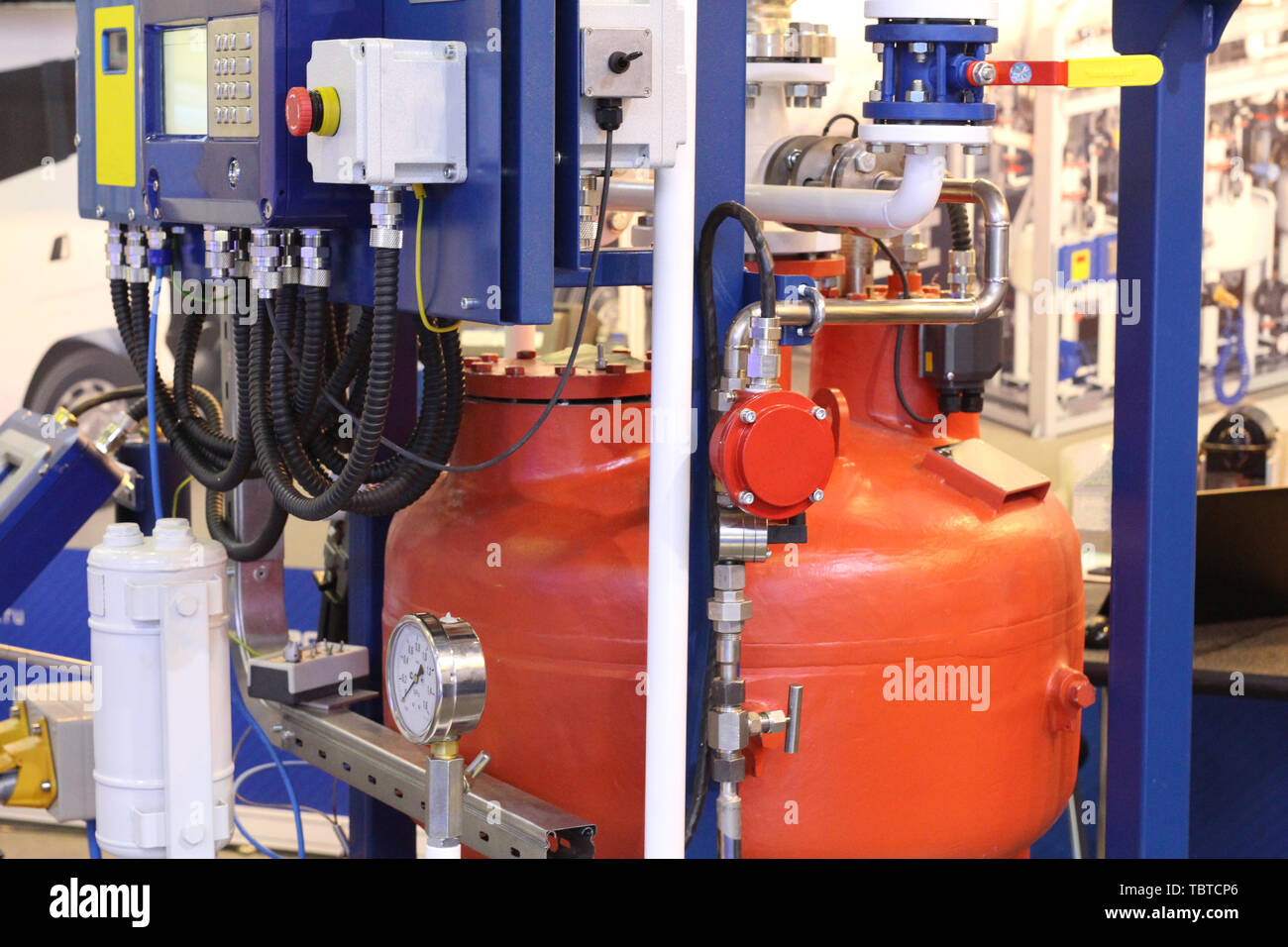 Oil and gas equipment at the plant. Pipes through which gas flows. Oil