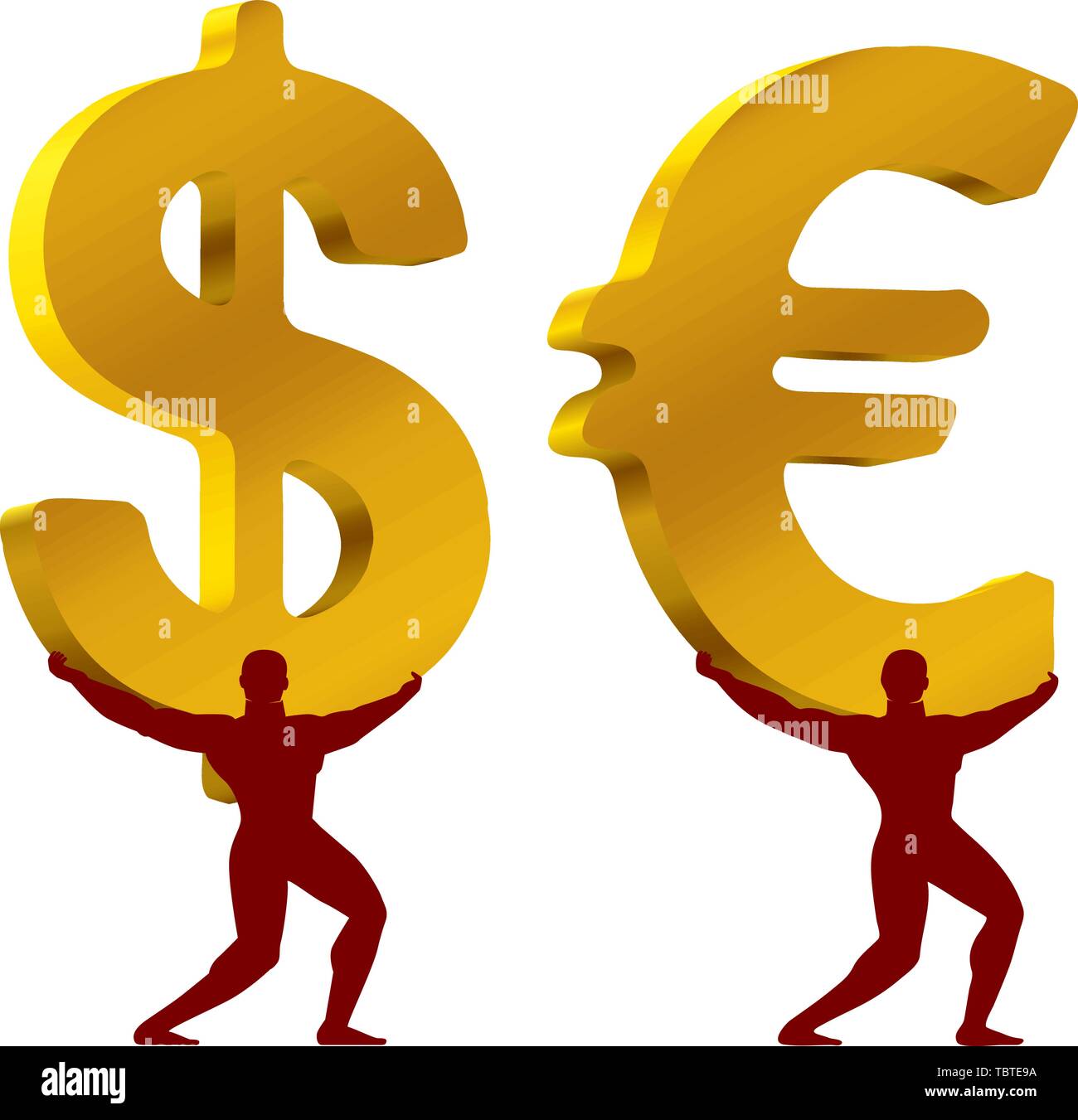 Vector illustration. Money mythological atlas. Strong man supporting dollar and euro. Stock Vector
