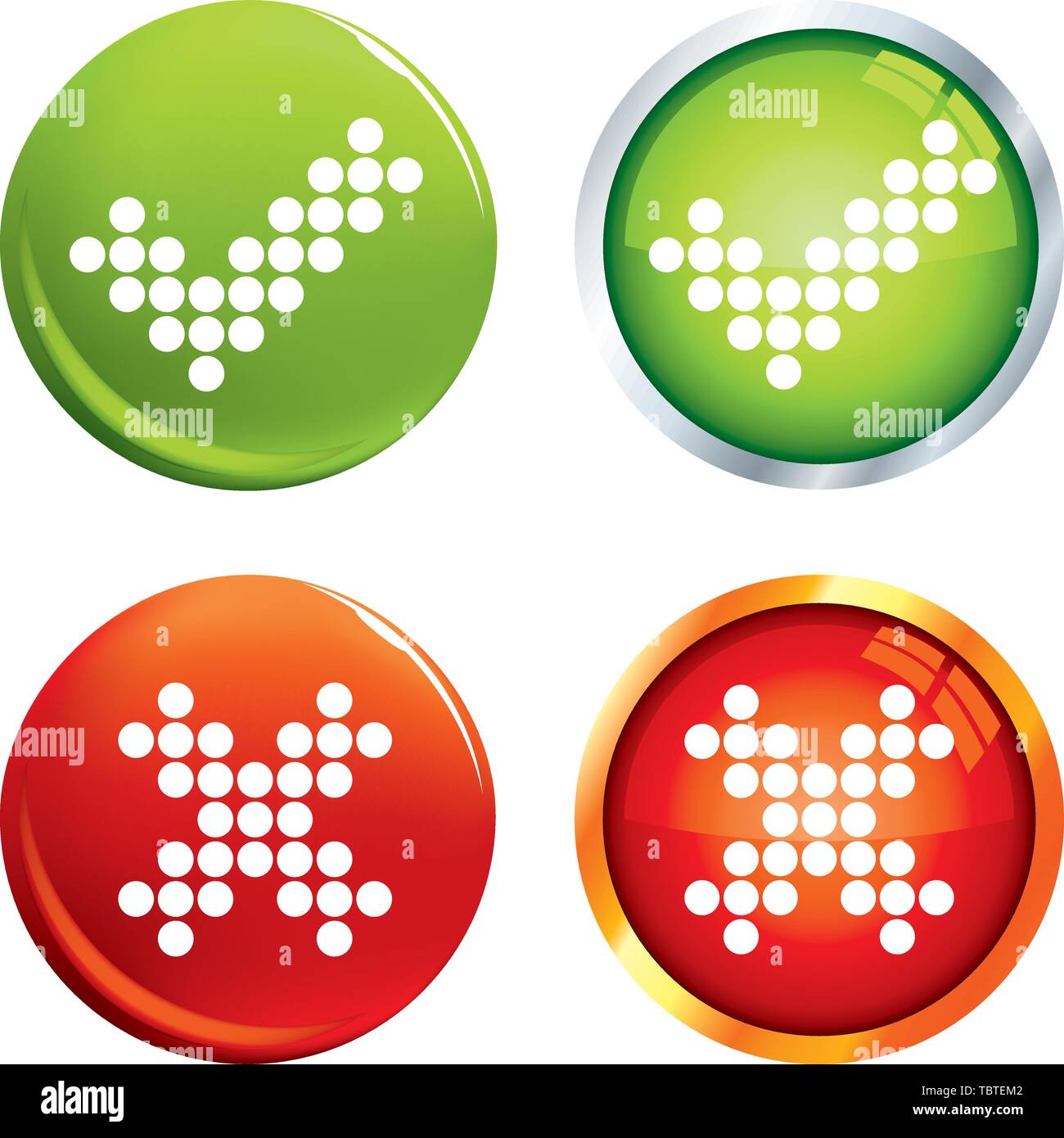 Vector illustration. Tick and cross dotted icons on green and red buttons. Stock Vector