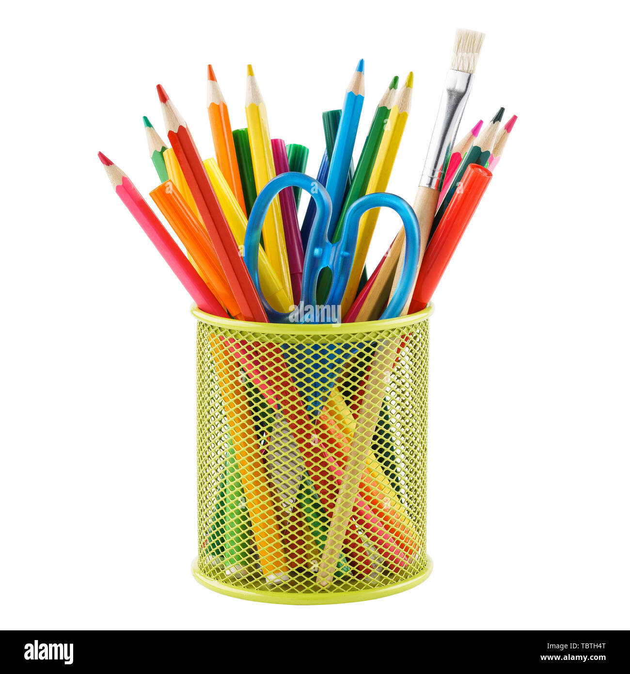 Colored pencils and various colorful stationery for school in a metal holder or cup. Isolated on white. Stock Photo