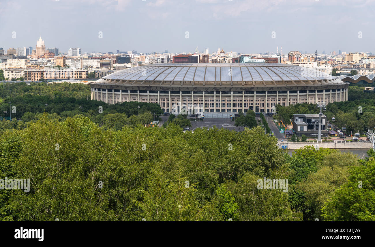 Moscow, Russia -May 28.2019. View of Luzhniki Grand Sports Arena from Sparrow Hills Stock Photo
