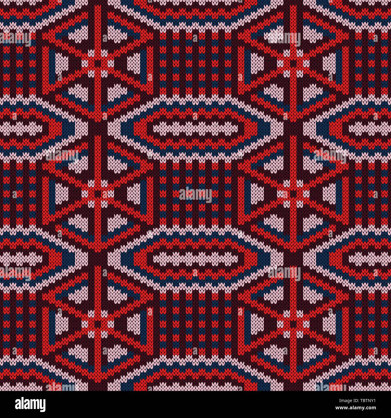 Ornate knitting seamless vector pattern in red hues and blue colors as ...