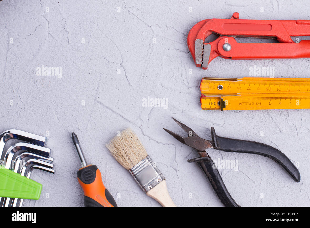 Various construction tools and copy space. Carpenter tools and instruments. Space for text. Stock Photo