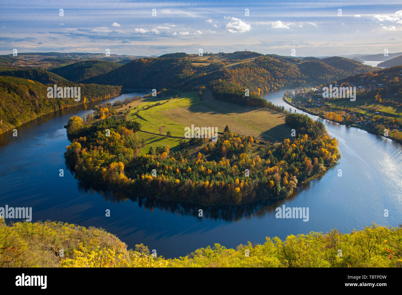 Very beatiful lookout on the Vltava river during sunset. Czech Republic. This great view of the Vltava river was taken from the place called Solenice. Stock Photo