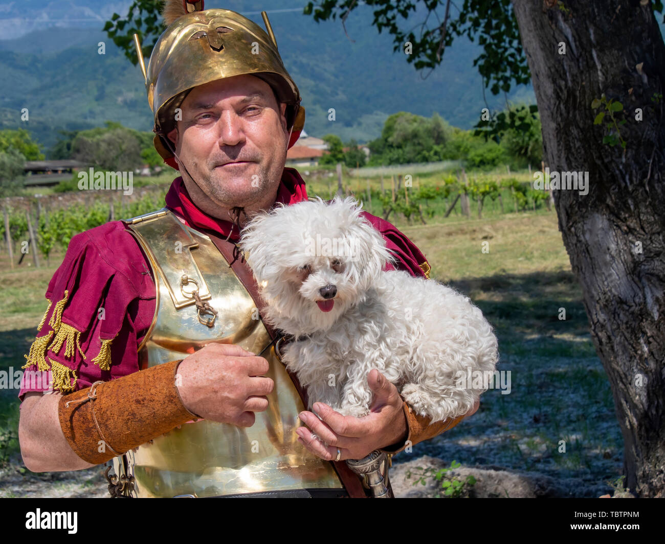 LUNI, MASSA CARRARA, ITALY – JUNE 2, 2019: Community event, Ancient Rome reenactment near Portus Lunae, genuine ancient settlement. Centurian and dog. Stock Photo