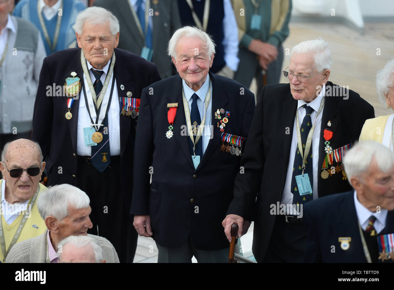 D-Day veterans travelling on board the MV Boudicca gather for a group photo as they arrive into Dunkirk, France, on the second day of a trip arranged by the Royal British Legion to mark the 75th anniversary of D-Day. Stock Photo