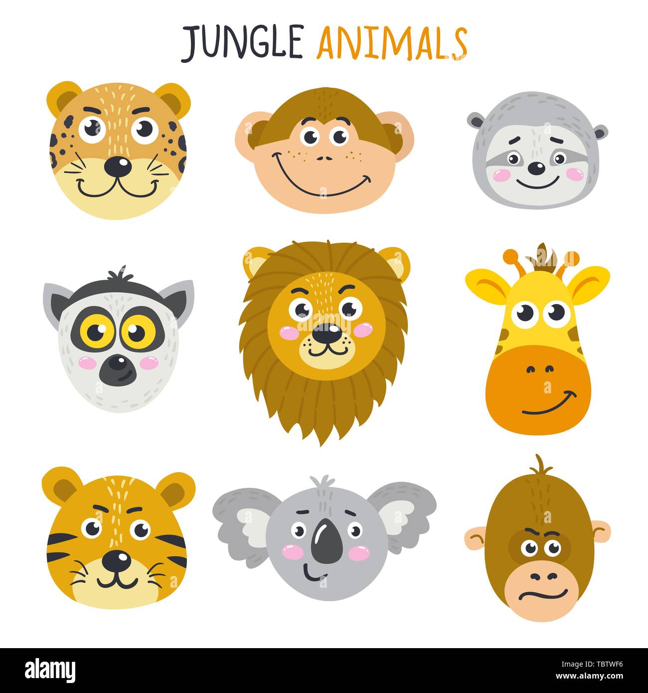 Vector set of cute faces of animals from jungle Stock Vector Image & Art -  Alamy