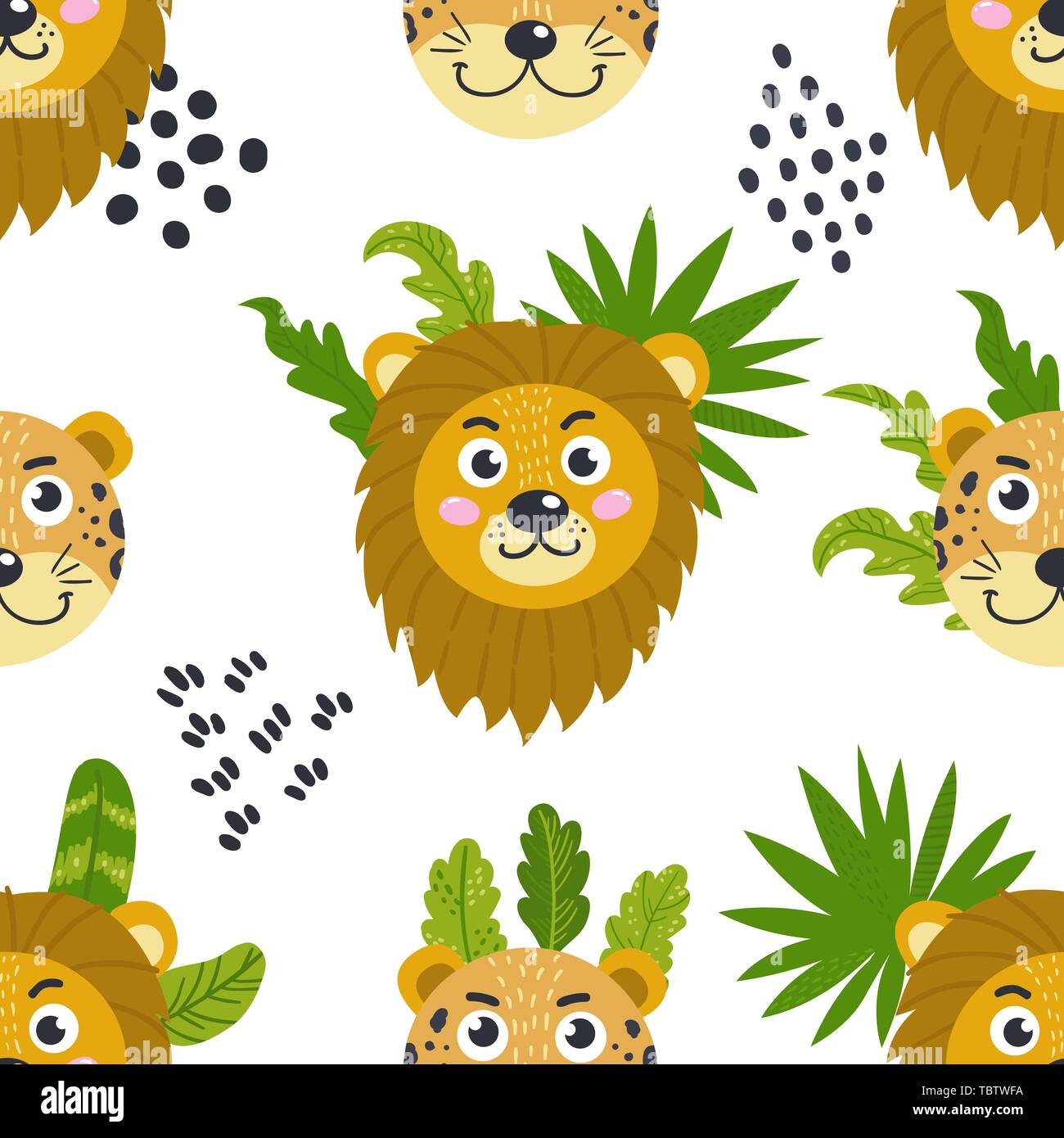 Seamless pattern with cute lions and leopards Stock Vector