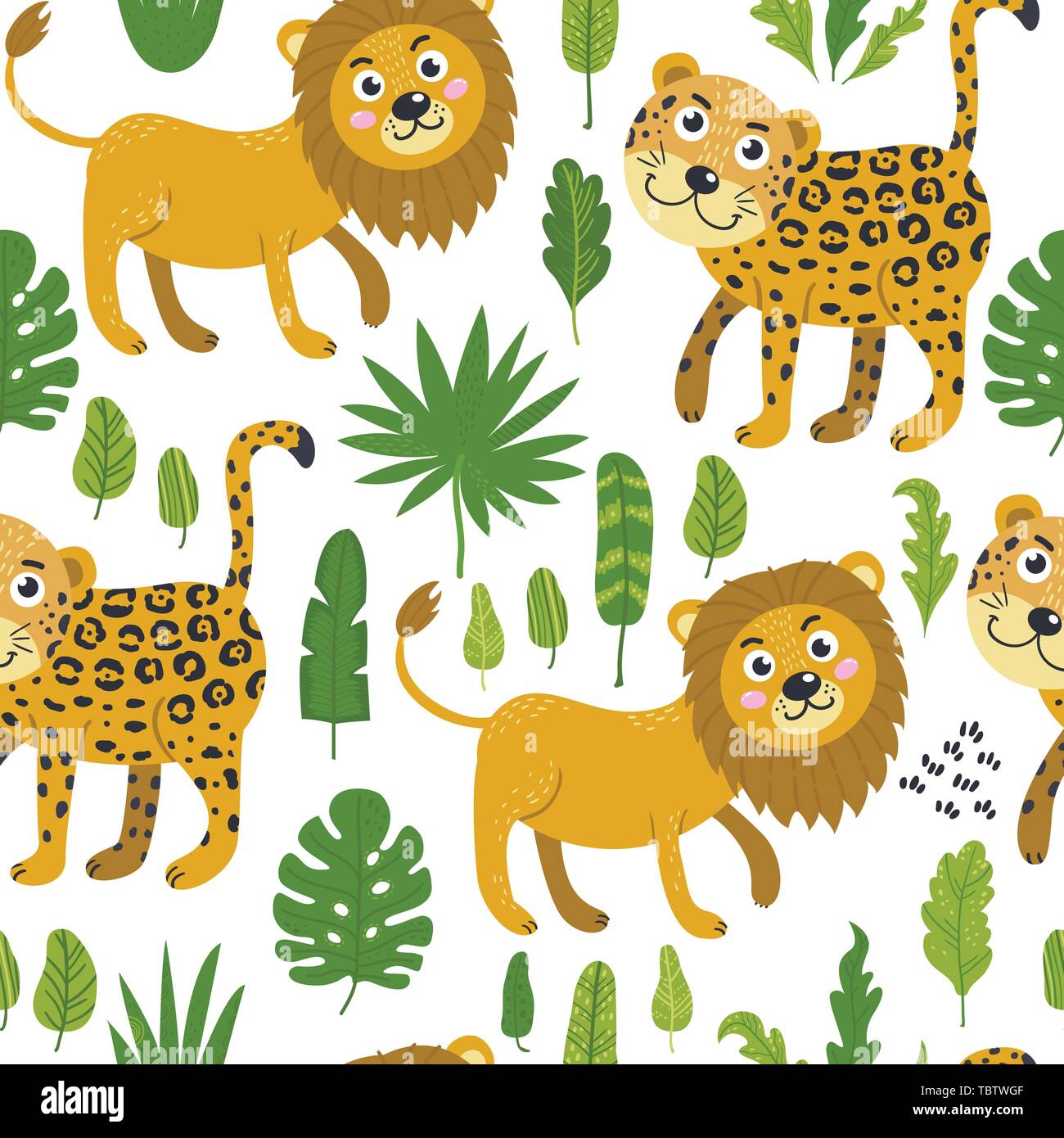 Seamless pattern with cute lions and leopards Stock Vector