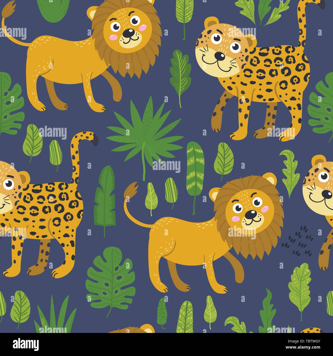 Seamless pattern with cute lions and leopards Stock Vector