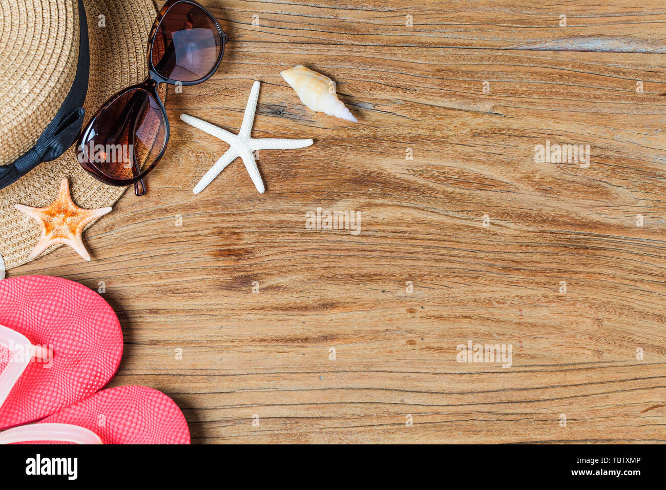 Sand And Shells On The Wooden Floor Of The Summer Concept Stock