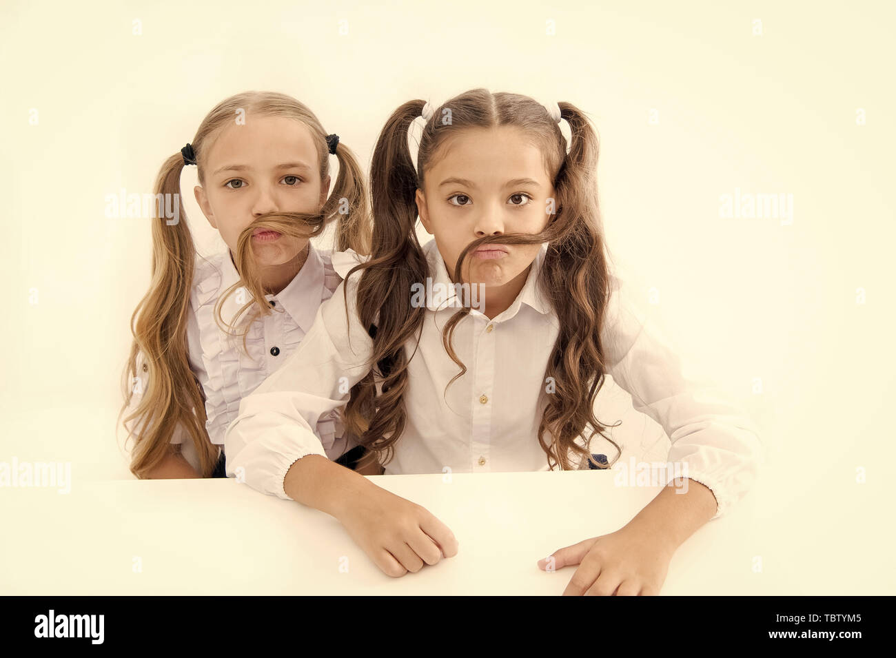 Girls Make Mustache With Long Hair White Background Hairstyle