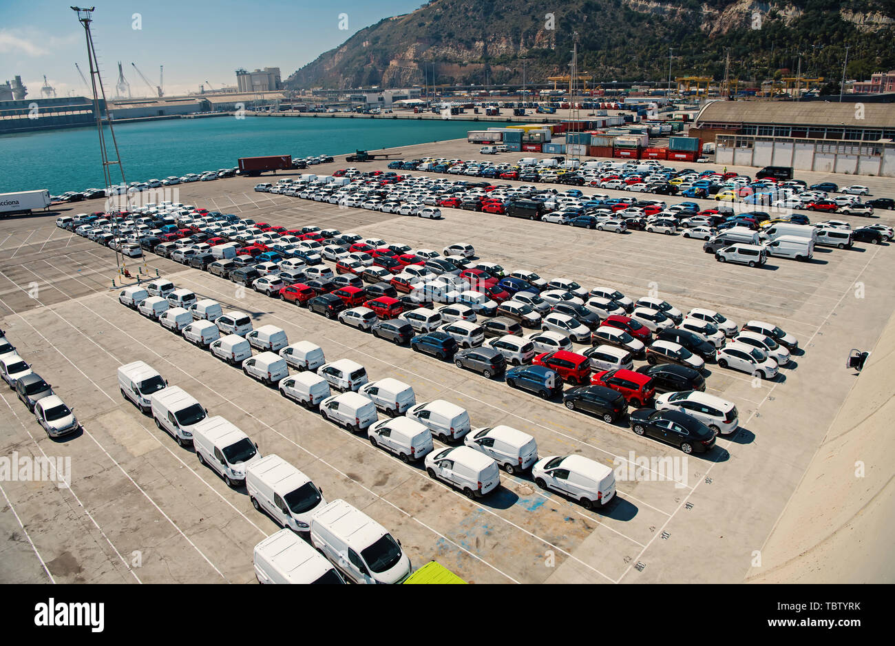 Barcelona, Spain March 30, 2016 rows of cars on parking in sea port