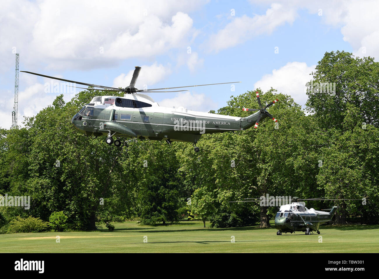 US President Donald Trump and his wife Melania arrive in Marine One at Buckingham Palace, in London on day one of his three day state visit to the UK. Stock Photo