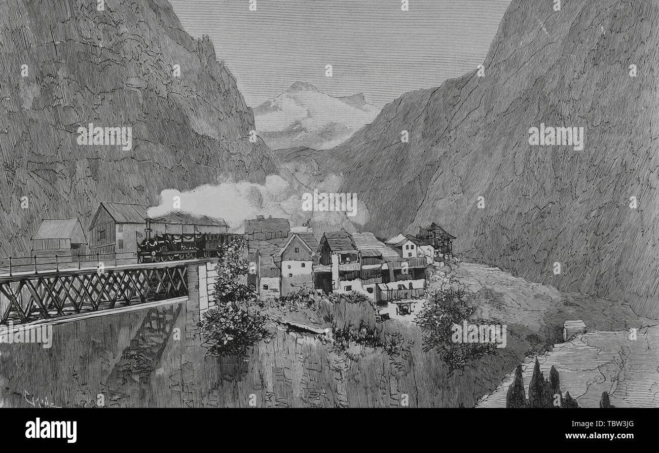 Suiza. Inaguración del ferrocarril del San Gothardo. Llegada del primer tren a la estación de Goschenen. Grabado por Tomás Carlos Capuz (1834-1899). La Ilustración Española y Americana, 15 de Junio de 1882. Stock Photo