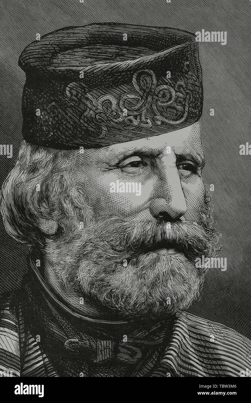 Giuseppe Garibaldi (1807-1882). Militar y político italiano. Principal líder de la unificación Italiana. Retrato. Grabado. La Ilustración Española y Americana, 15 de junio de 1882. Stock Photo