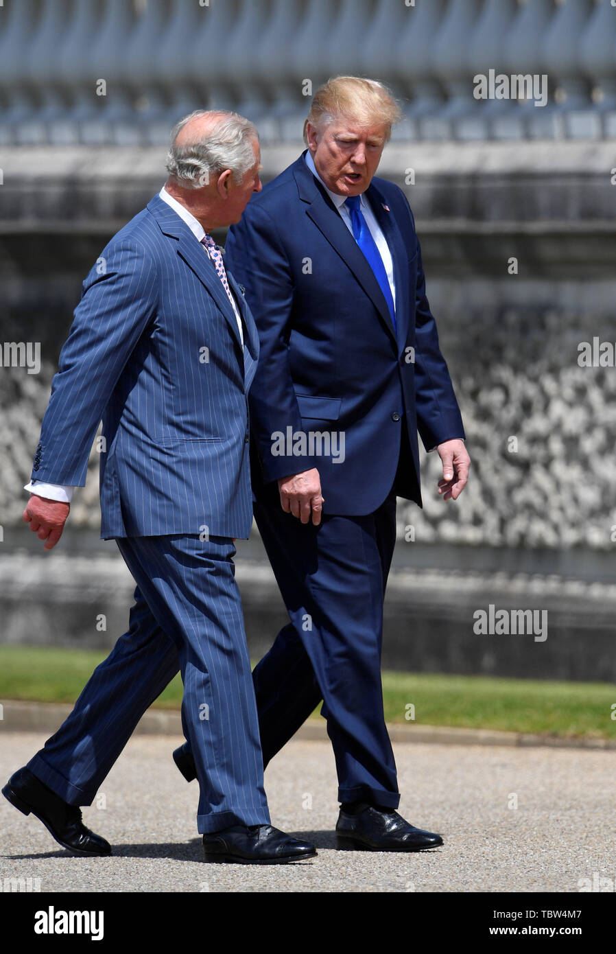 The Prince of Wales (left) meets US President Donald Trump as he arrives in Marine One at Buckingham Palace, in London on day one of his three day state visit to the UK. Stock Photo