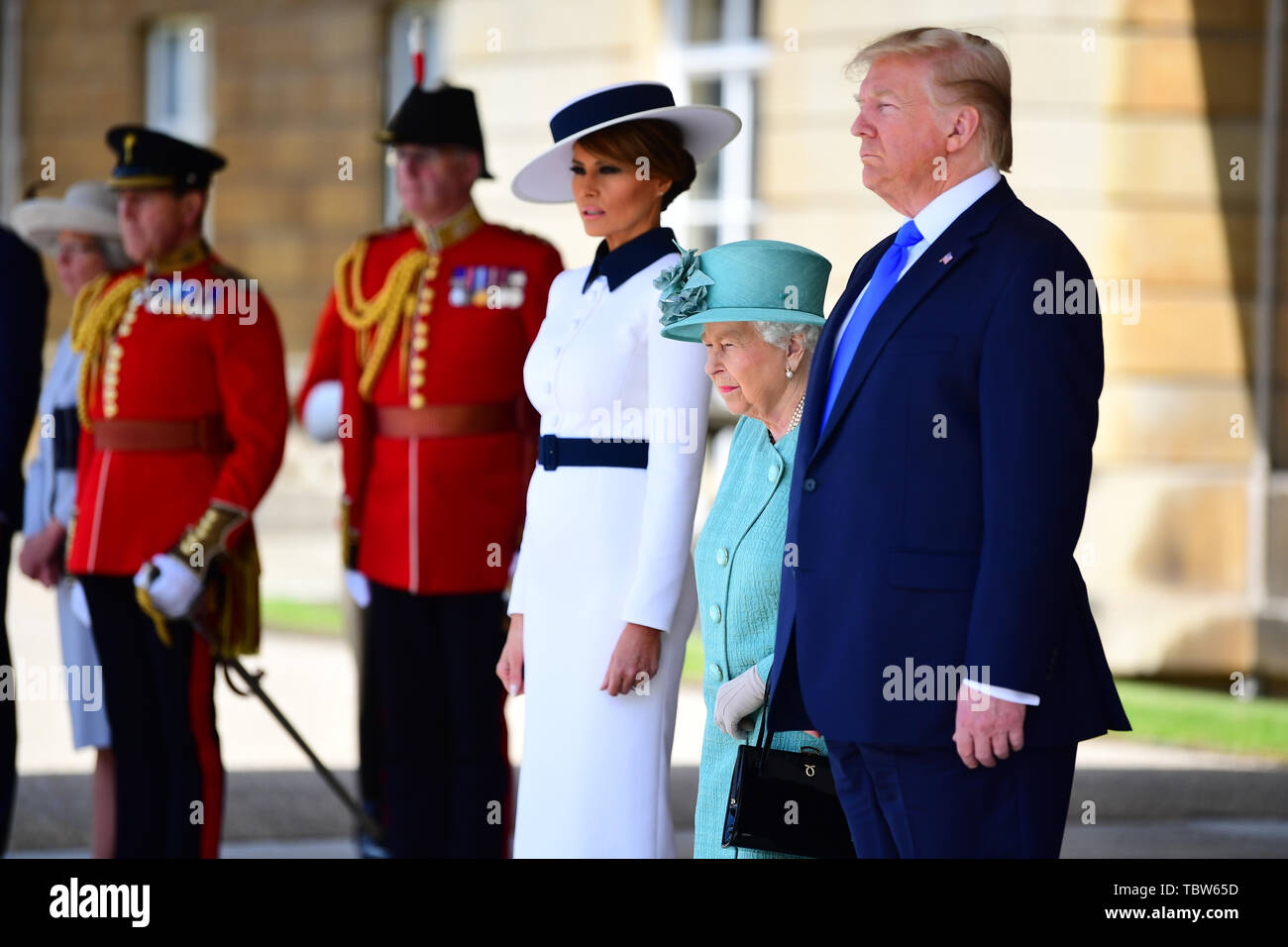 left to right) Melania Trump, Queen Elizabeth II and Donald Trump during  the Ceremonial Welcome at Buckingham Palace, London, on day one of US  President Donald Trump's three day state visit to