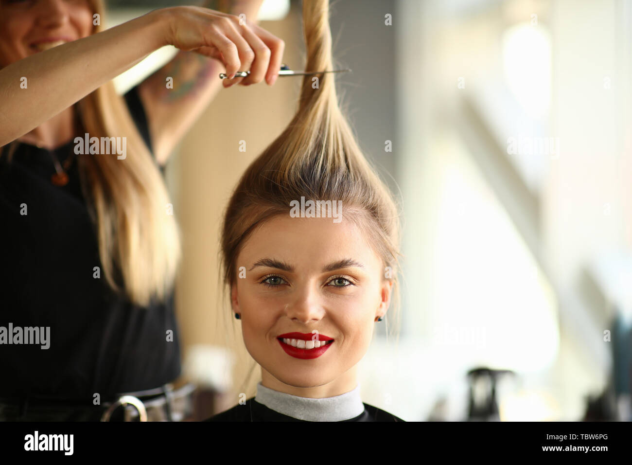 Hairdresser Holding Scissors On Smiling Woman Hair Hairstylist