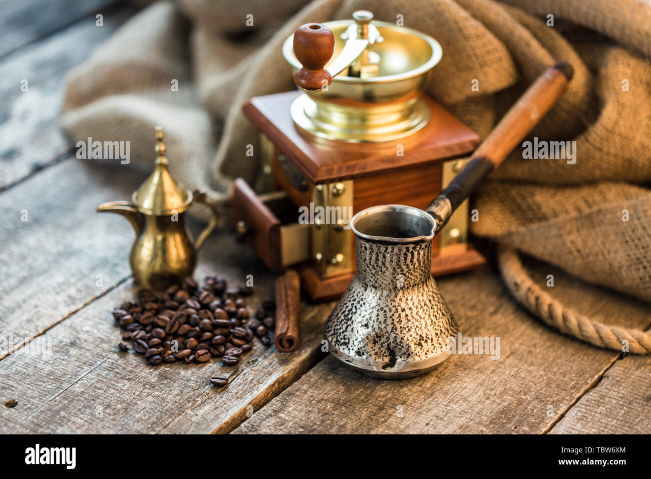 Turkish coffee concept. Copper coffee 