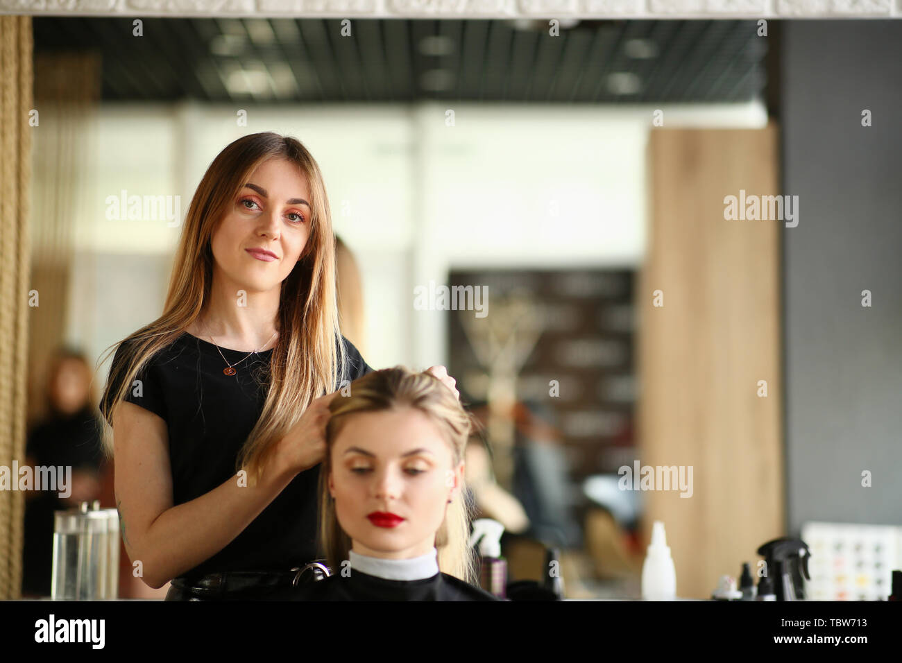 Professional Hairdresser Make Hairstyle To Client Woman