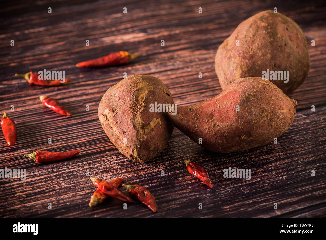 Fresh tempting Chinese vegetable red sweet potato ground melon closeup Stock Photo