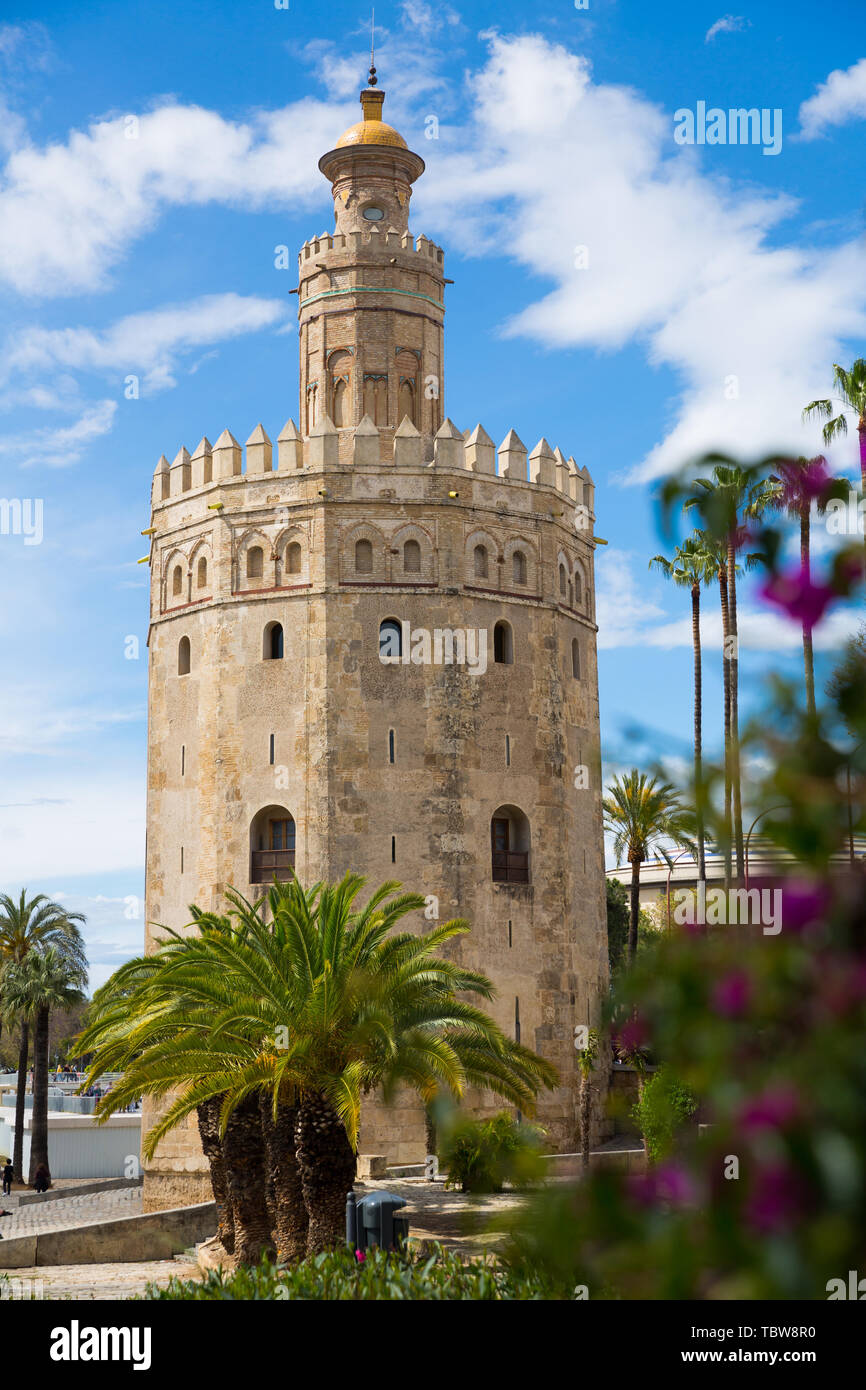 Peculiar architecture of medieval military watch tower Torre del Oro in Seville, Spain Stock Photo