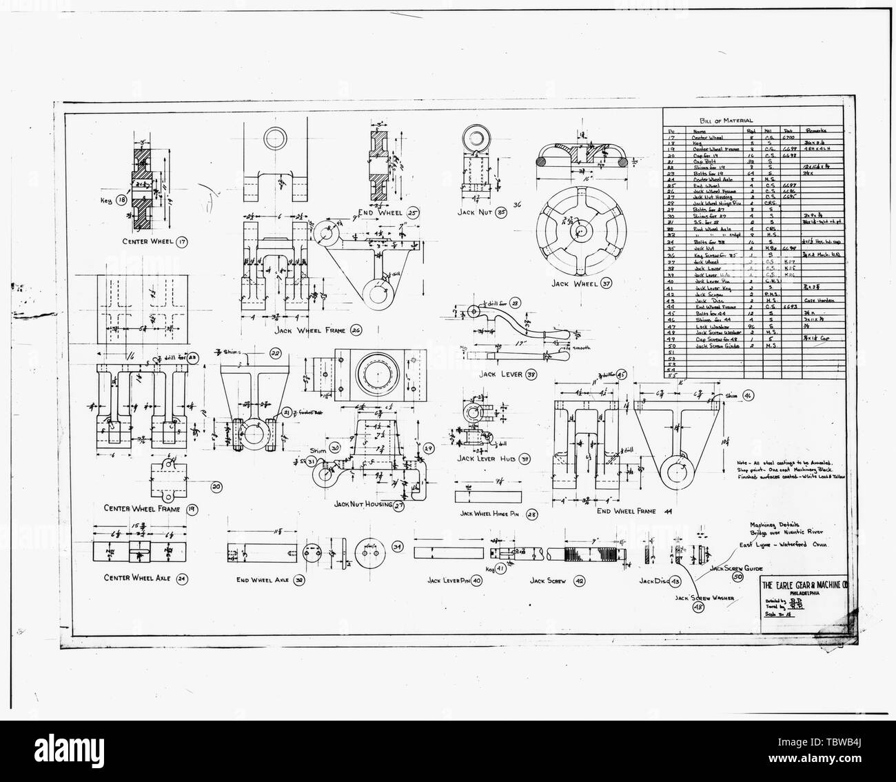 MACHINERY DETAILS CENTER WHEEL FRAME AND AXEL, JACK WHEEL FRAME, JACK