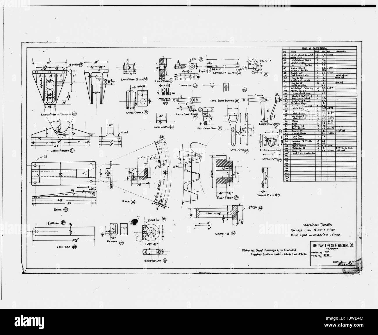 MACHINERY DETAILS LATCH WHEEL BRACKET, LATCH POCKET, LOCK BAR, LATCH