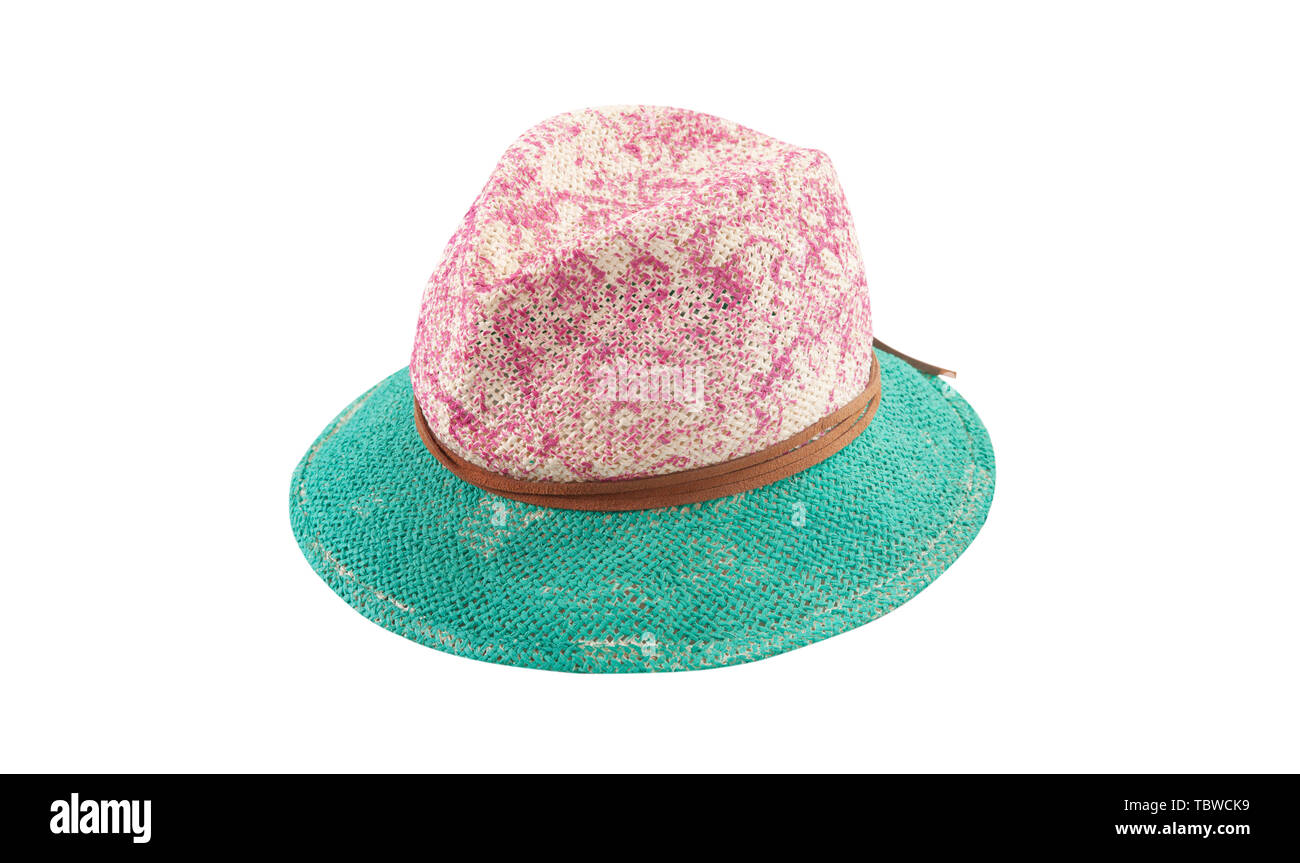 Pretty straw hat with ribbon and bow on white background. Beach hat top ...