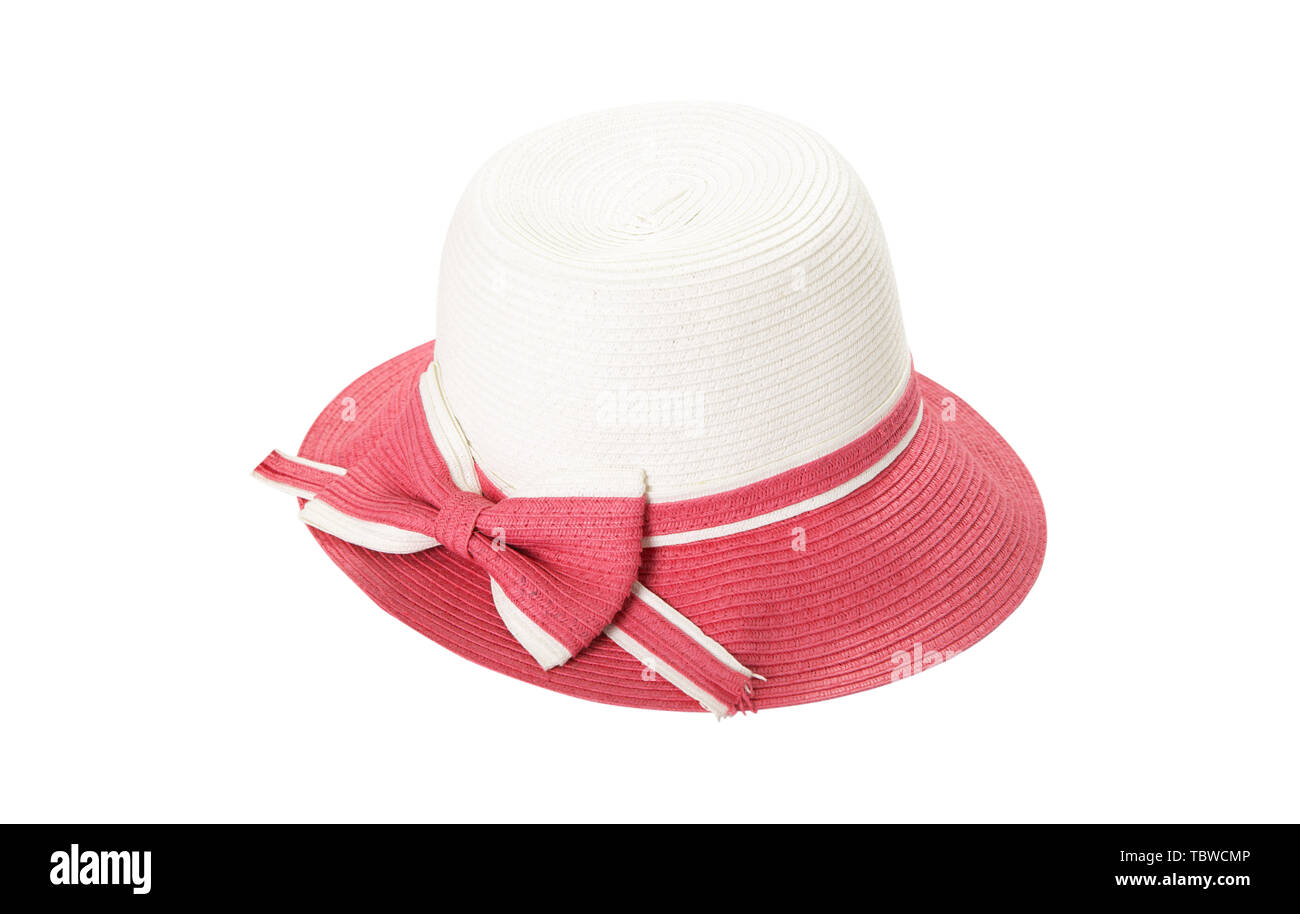Pretty straw hat with ribbon and bow on white background. Beach hat top ...