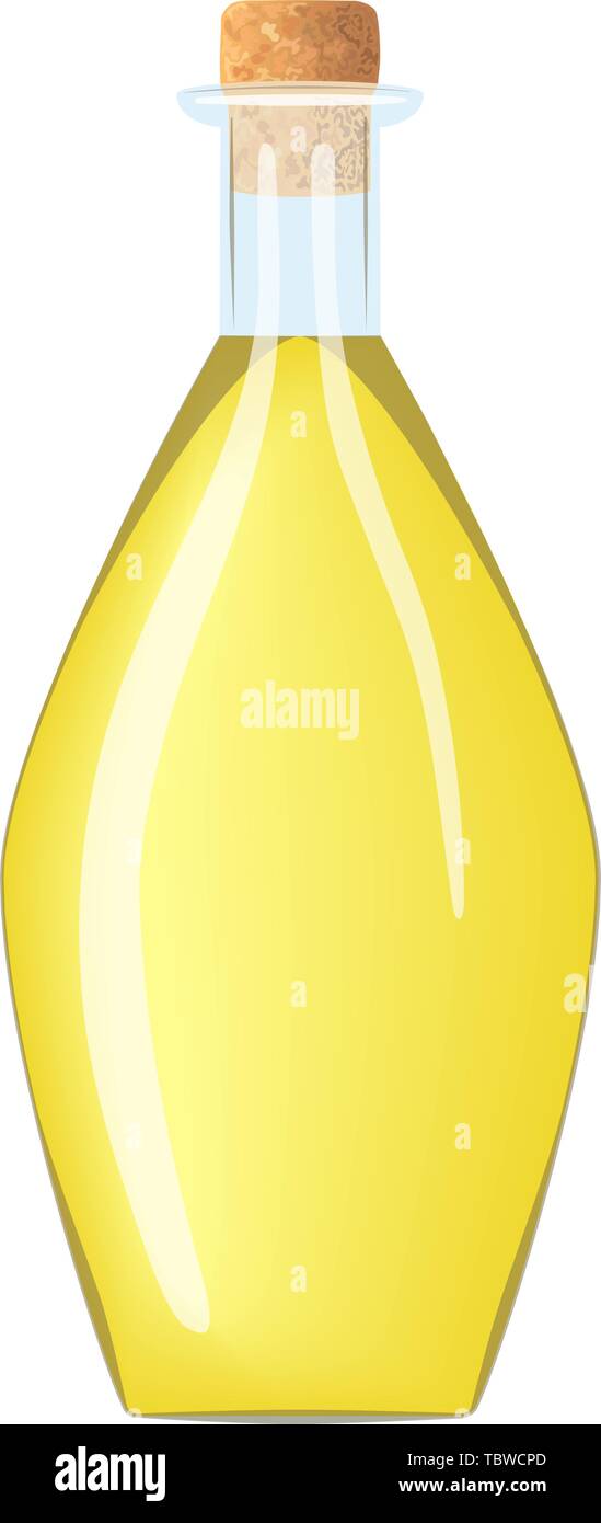 Glass wine empty bottle with cork and yellow liquid. tranparent icy-white decanter on white background. Flask for juice, wine, beer, spirits, oil, alc Stock Vector