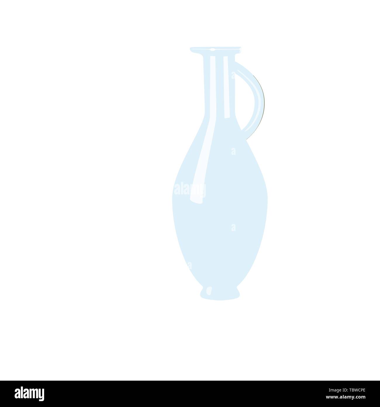 Glass empty flagon with handle. tranparent icy-white decanter on white background. Flask for juice, wine, beer, spirits, oil, alcohol, jar, beverages. Stock Vector