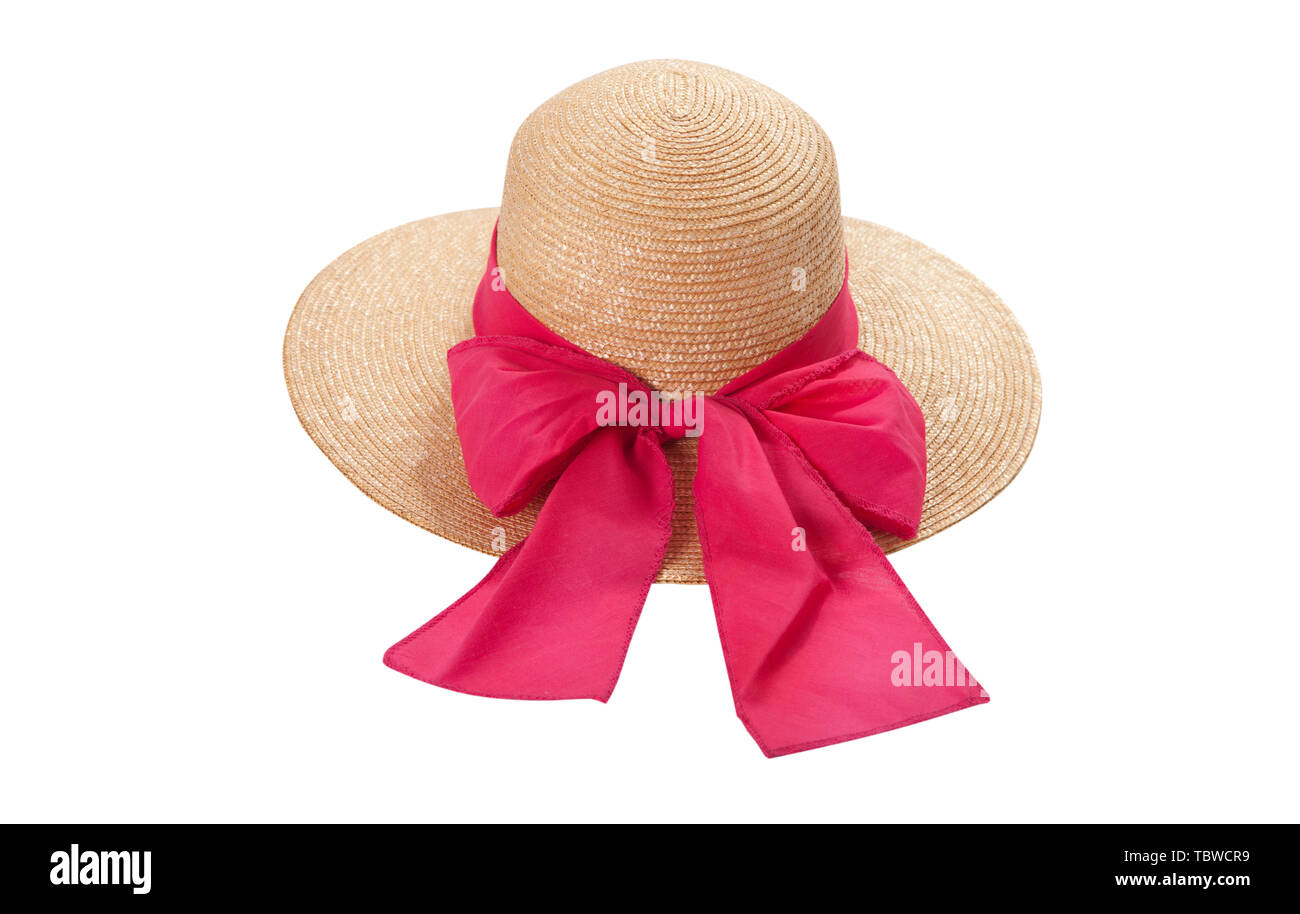 Pretty straw hat with ribbon and bow on white background. Beach hat top ...