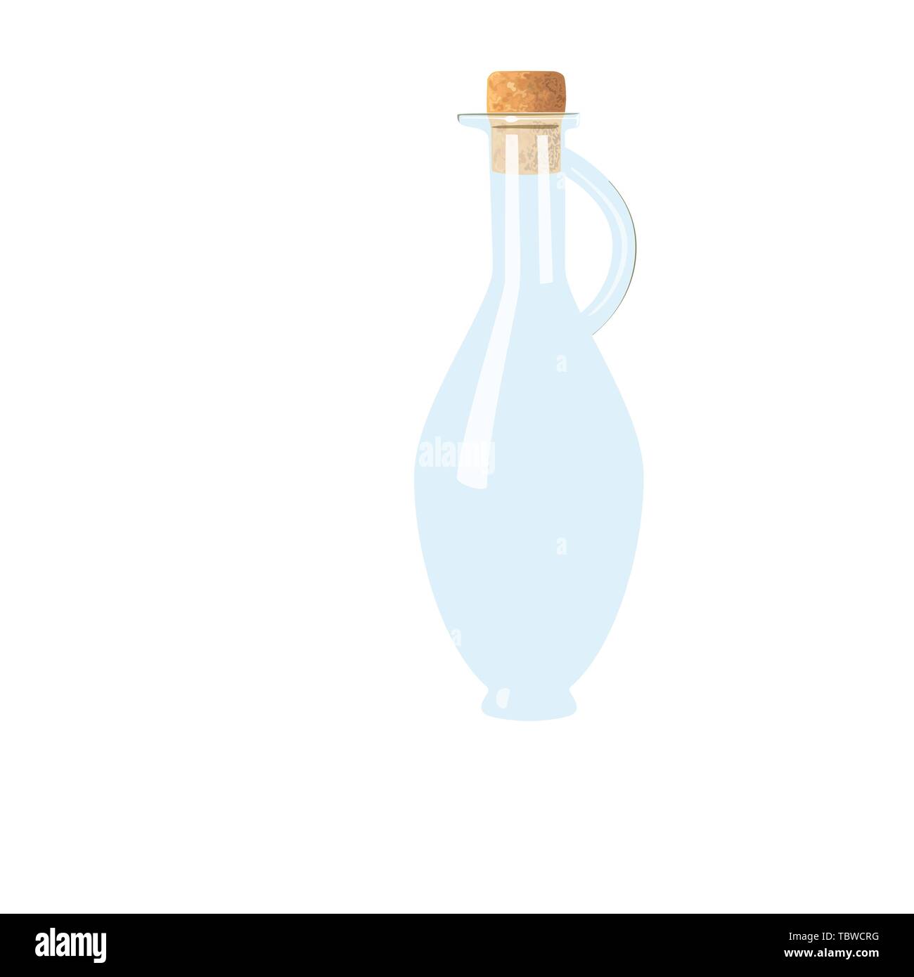 Glass empty flagon with cork, handle. tranparent icy-white decanter on white background. Flask for juice, wine, beer, spirits, oil, alcohol, beverages Stock Vector