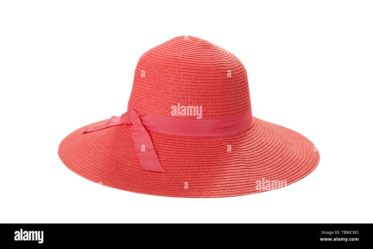 Pretty straw hat with ribbon and bow on white background. Beach hat top ...